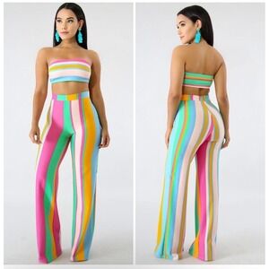 Touchdolls Two Piece Crop Top Bell Bottom Pants Set Size 2 XS Stripe Stretch